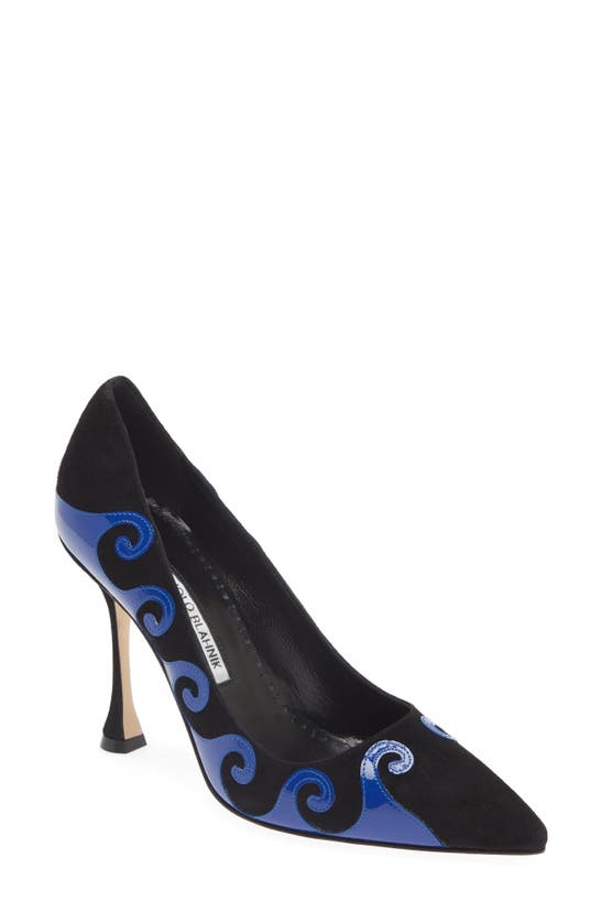 Manolo Blahnik Kasai Suede And Patent Leather Pumps In Black/ Blue