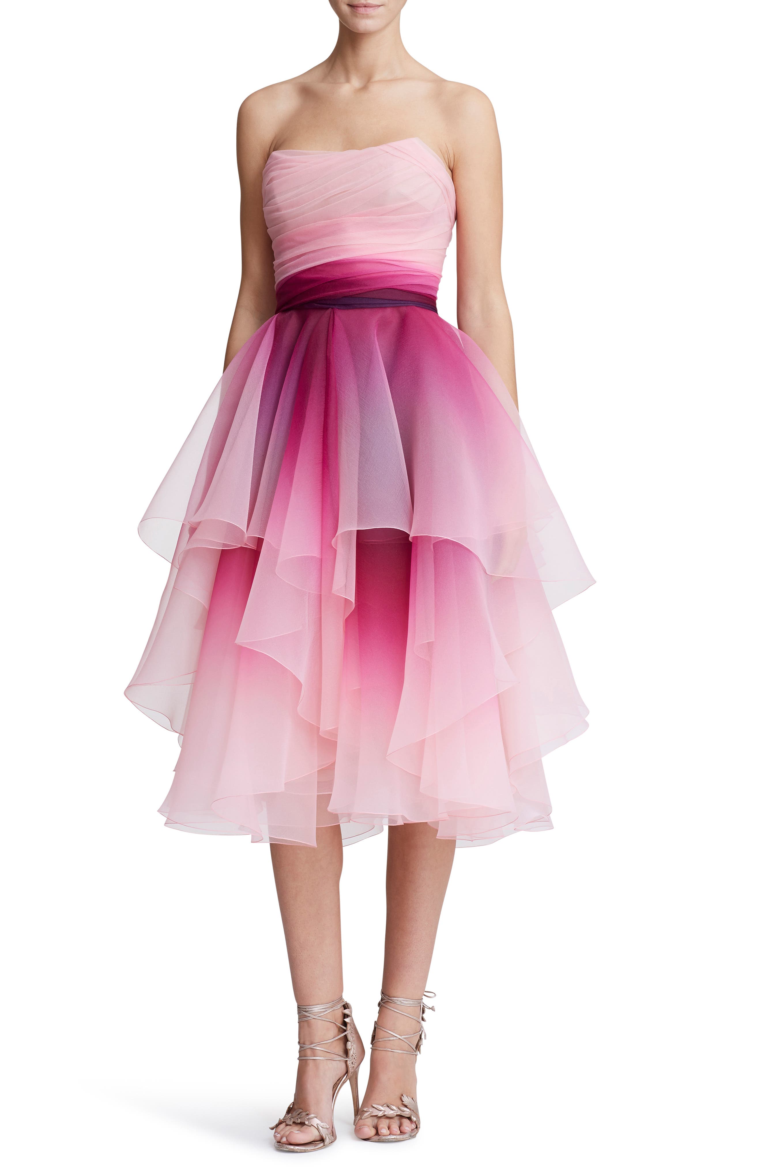 Marchesa Strapless Ombre Organza Cocktail Dress, Pink