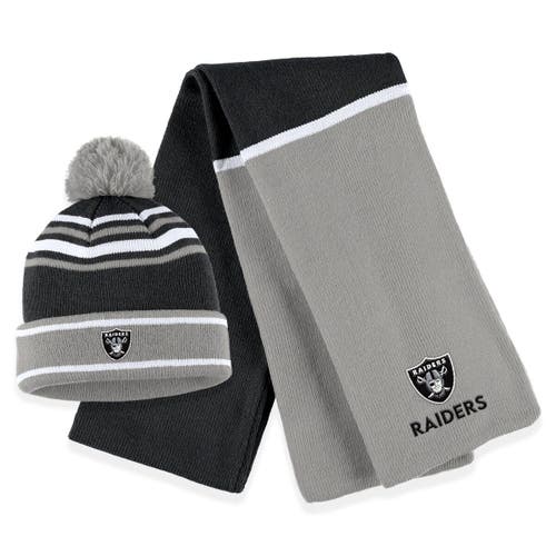 Women's WEAR by Erin Andrews Black Las Vegas Raiders Colorblock Cuffed Knit Hat with Pom and Scarf Set