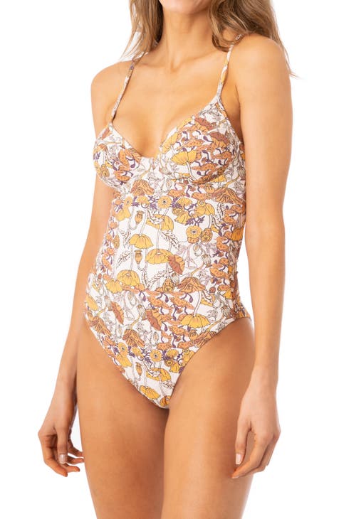 Women Double-Sided Floral One Piece Swimsuits, Reversible Tie