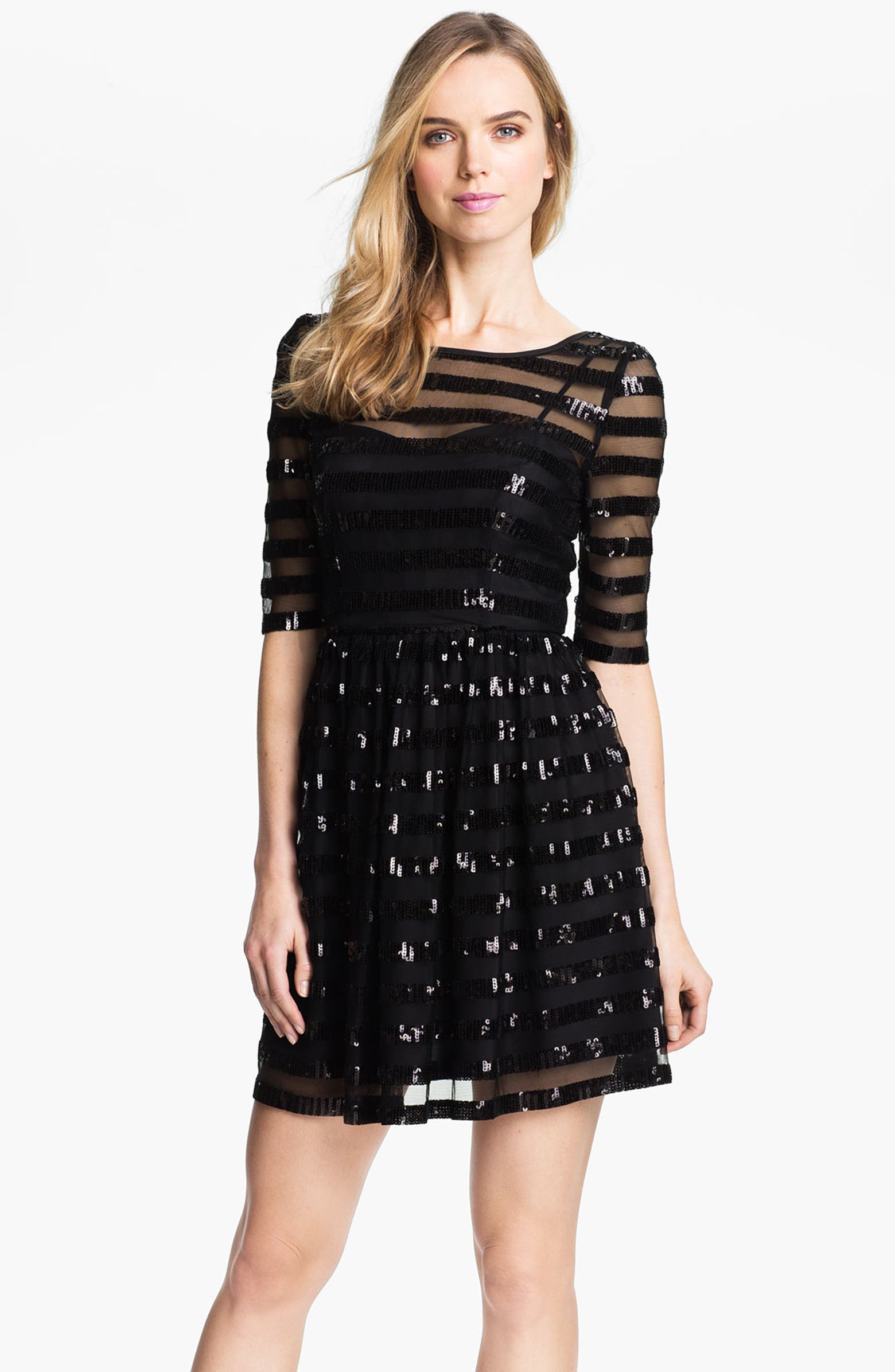 Max & Cleo Sequin Stripe Overlay Fit & Flare Mesh Dress | Nordstrom