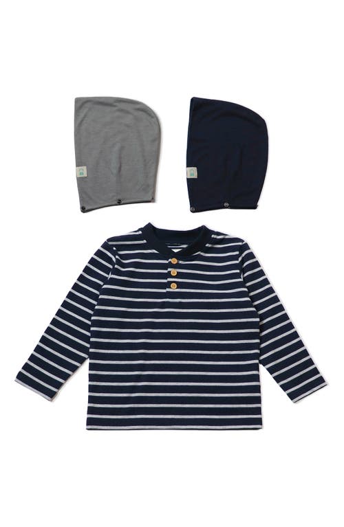 THOUGHTFULLY HOODED Henley with Removable Hood in Blue With Grey Stripe