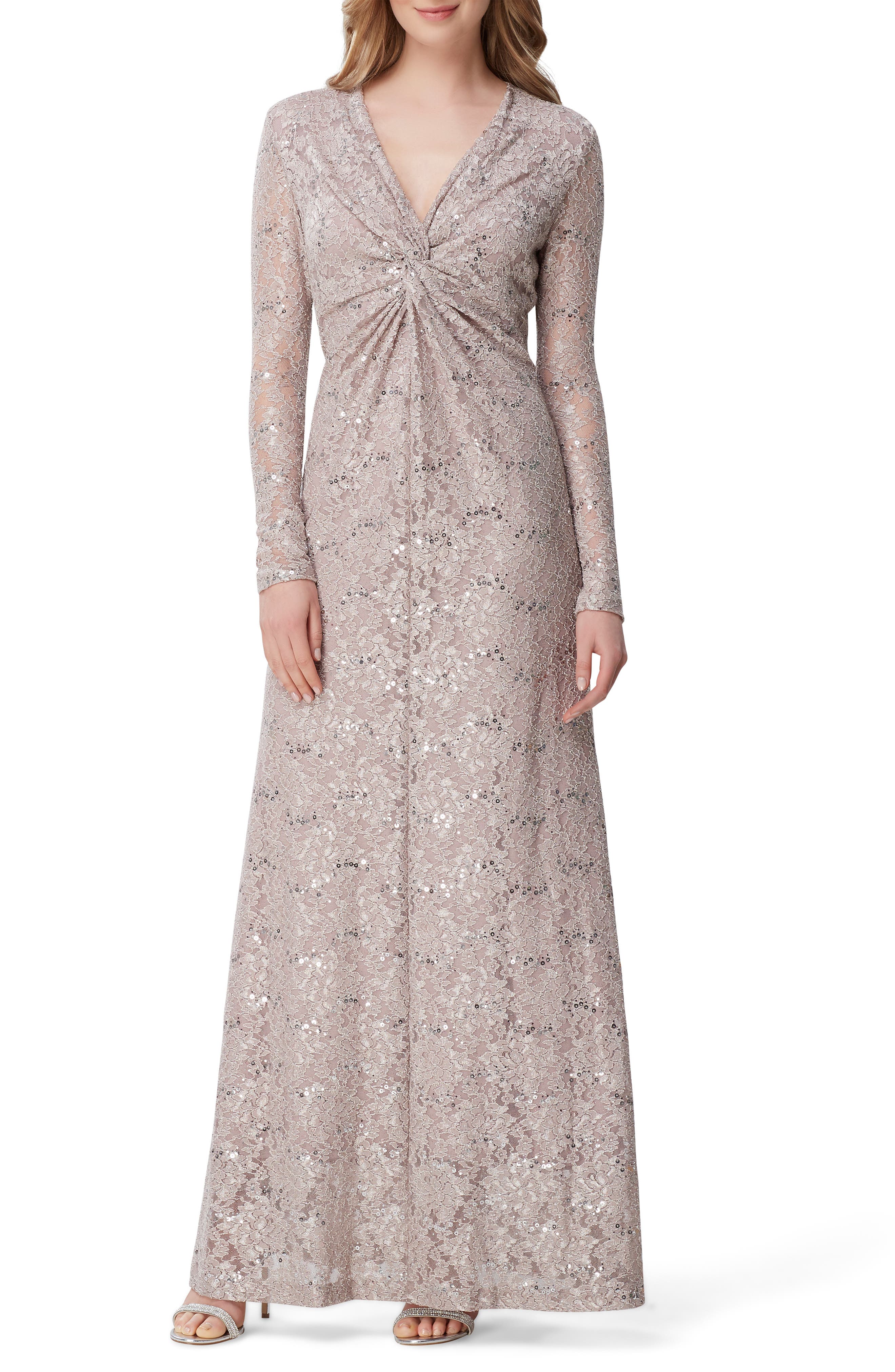 Tahari Long Sleeve Sequin Lace Stretch Gown, Red