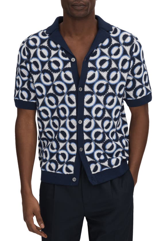 Reiss Navy Frenchie Crochet Cuban Collar Shirt In Navy