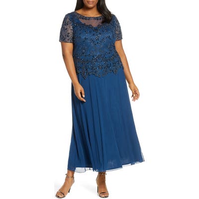 Plus Size Pisarro Nights Embellished Mesh Mock Two-Piece Gown, Blue