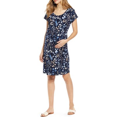 Angel Maternity Floral Short Sleeve Drawstring Maternity Dress, Blue