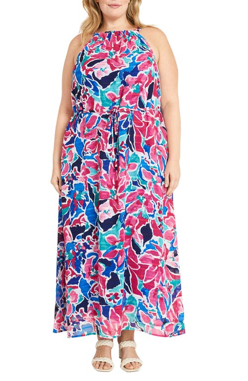 Maggy London Floral Tie Belt Maxi Dress In Soft White/raspberry