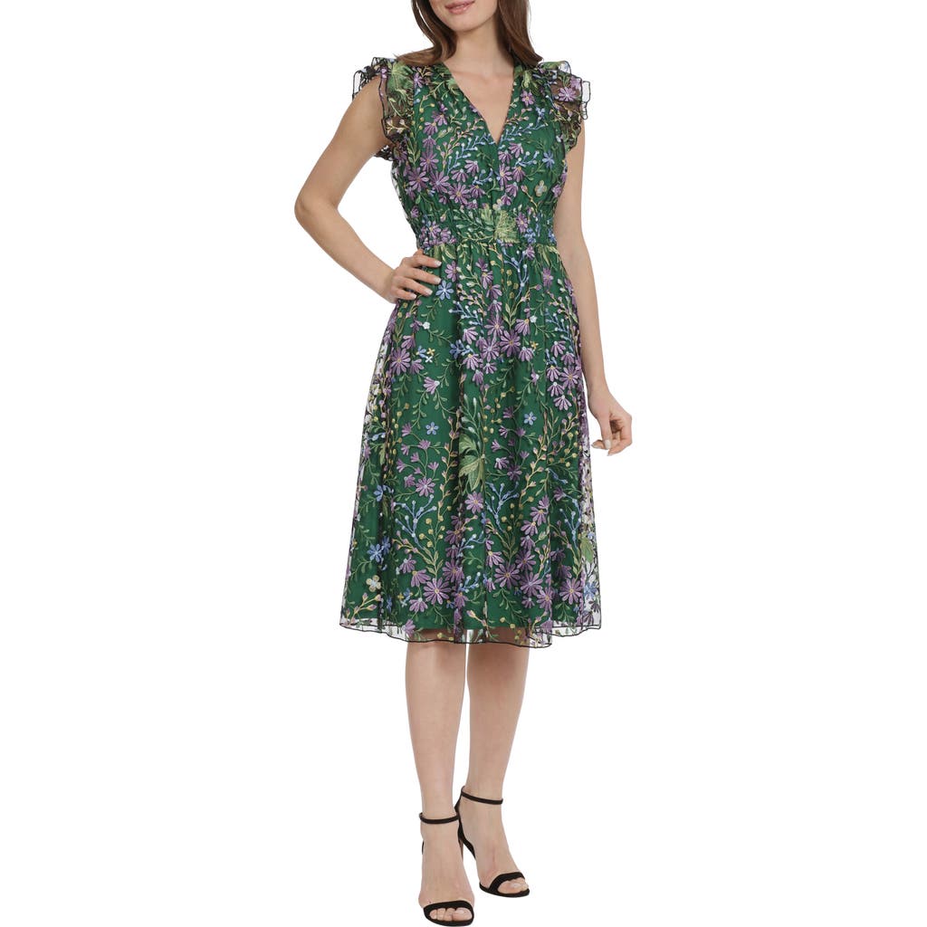 Maggy London Floral Embroidered Tulle Dress In Lavender/green
