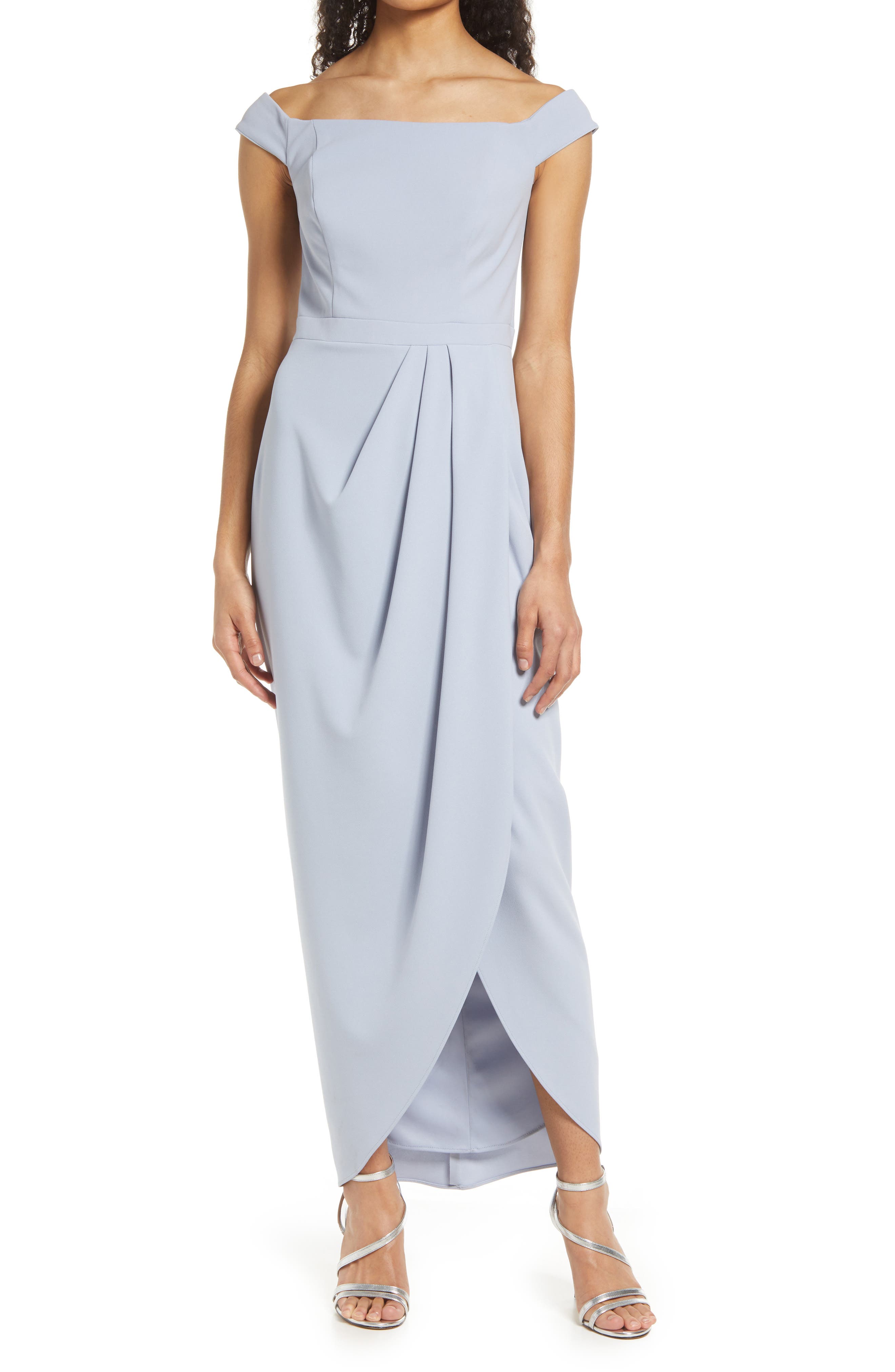 Xscape Off the Shoulder Wrap Front Scuba Crepe Gown in Mulberry