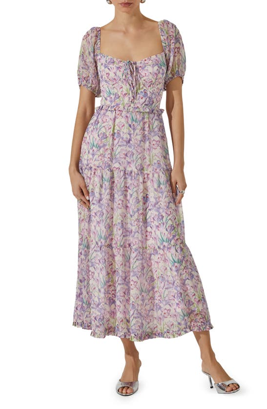 Shop Astr Floral Bustier Bodice Tiered Midi Dress In Lilac Cream Floral