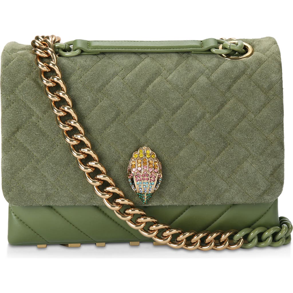 Kurt Geiger London Large Kensington Quilted Suede & Leather Shoulder Bag In Khaki