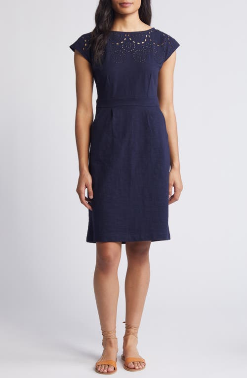 Florrie Broderie Anglaise Cap Sleeve Jersey Dress in Navy