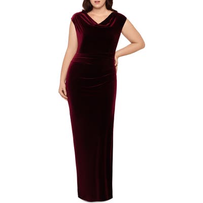 Plus Size Xscape Drape Velvet Column Gown, Burgundy