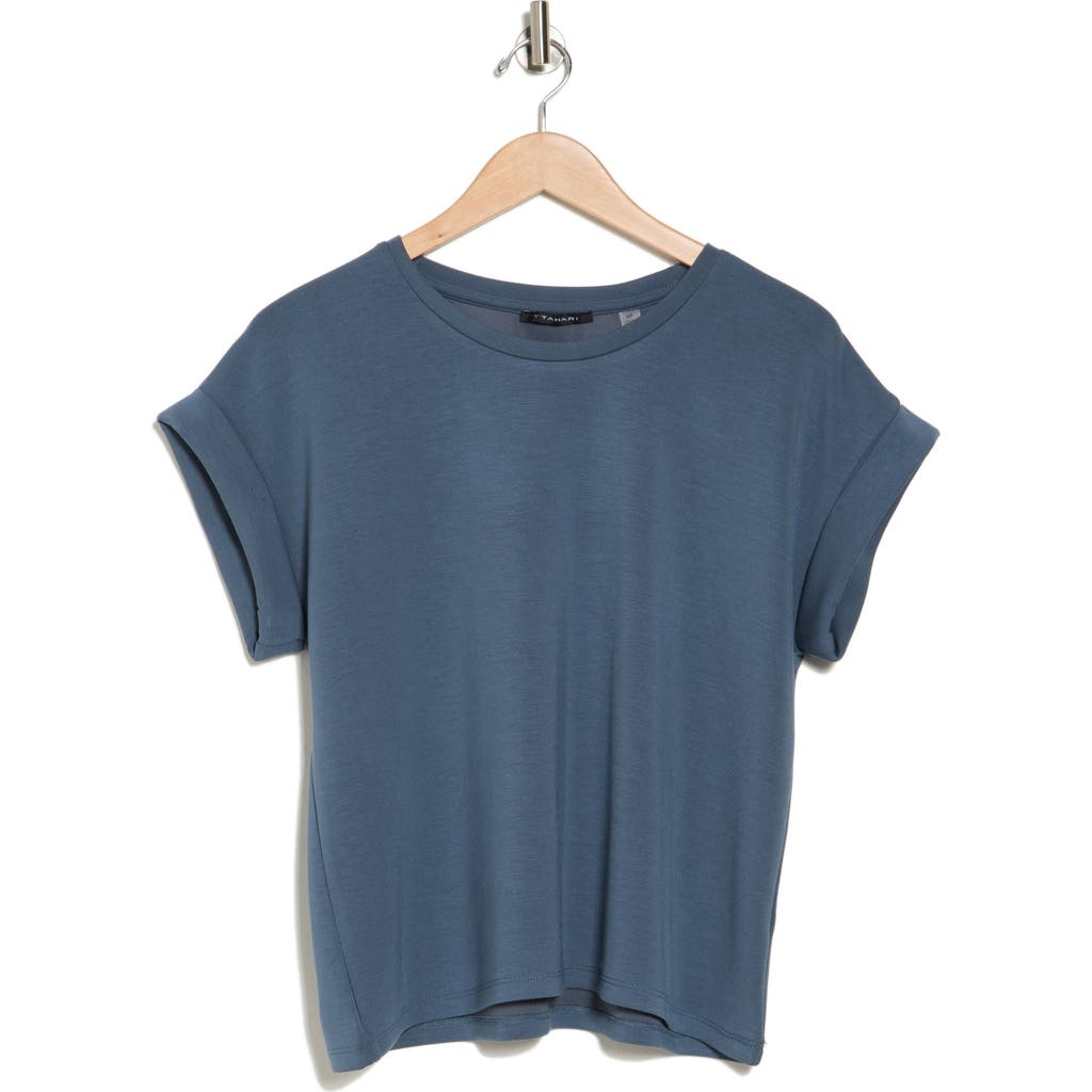 T Tahari Roll Sleeve Scuba Top In Deep Slate Blue