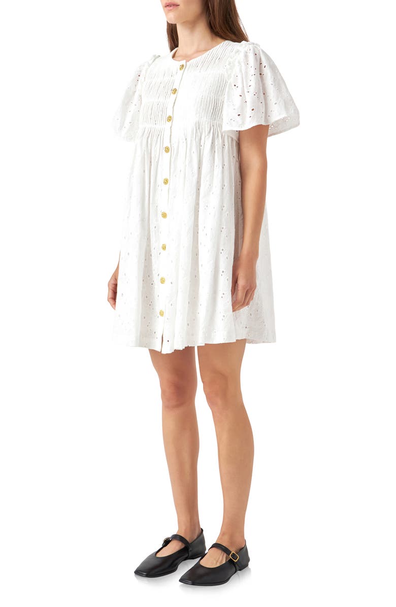 English Factory Embroidered Cotton Eyelet ButtonUp Babydoll Dress