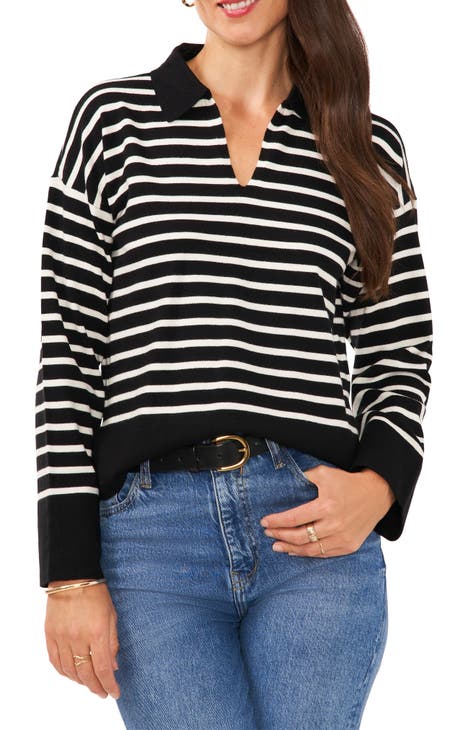 Wide Stripe Polo Collar Long Sleeve Sweater