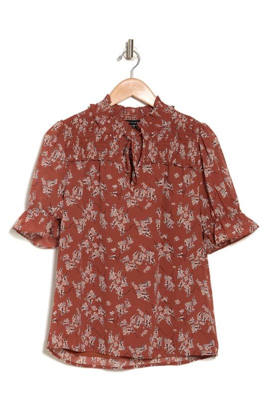 Pleione Floral Tie Neck Blouse In Rust Cherry Blossom