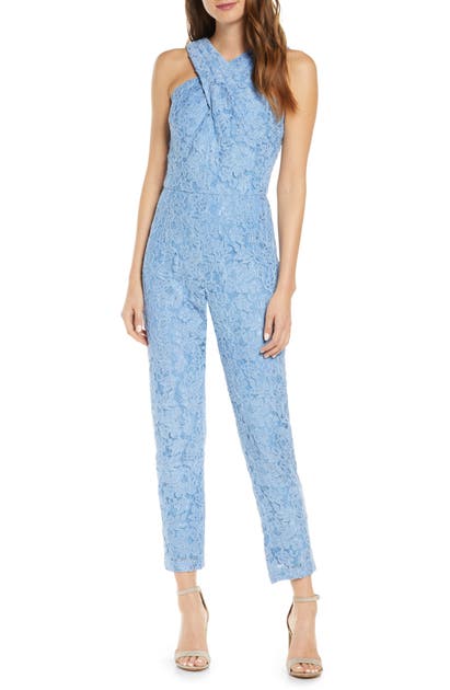 Adelyn Rae Cayden Cross Neck Lace Jumpsuit In Periwinkle