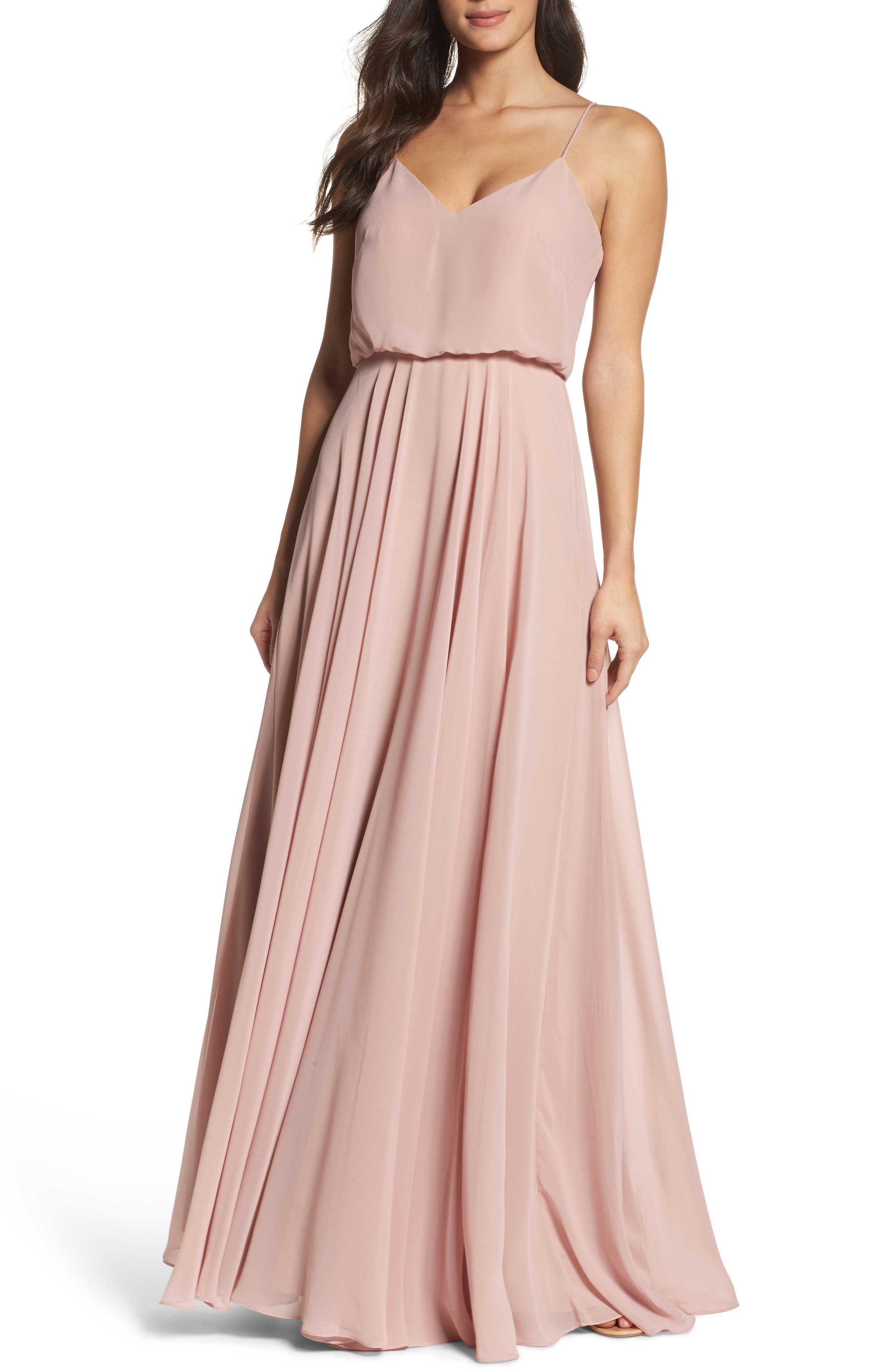 Jenny Yoo Inesse Chiffon V-Neck Spaghetti Strap Gown, Pink