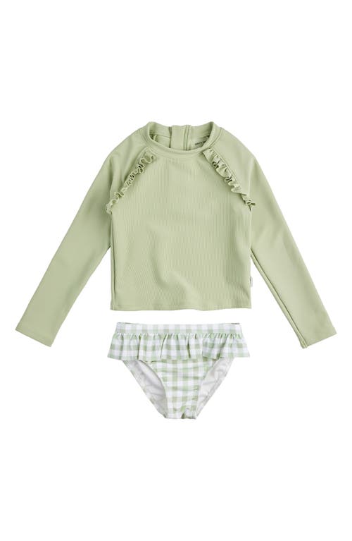 Petit Lem Kids' Ruffle Ribbed Long Sleeve Rashguard Two-Piece Swimsuit Green at Nordstrom,