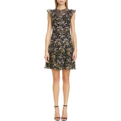 Ml Monique Lhuillier Flutter Sleeve Floral Embroidered Cocktail Dress, Black