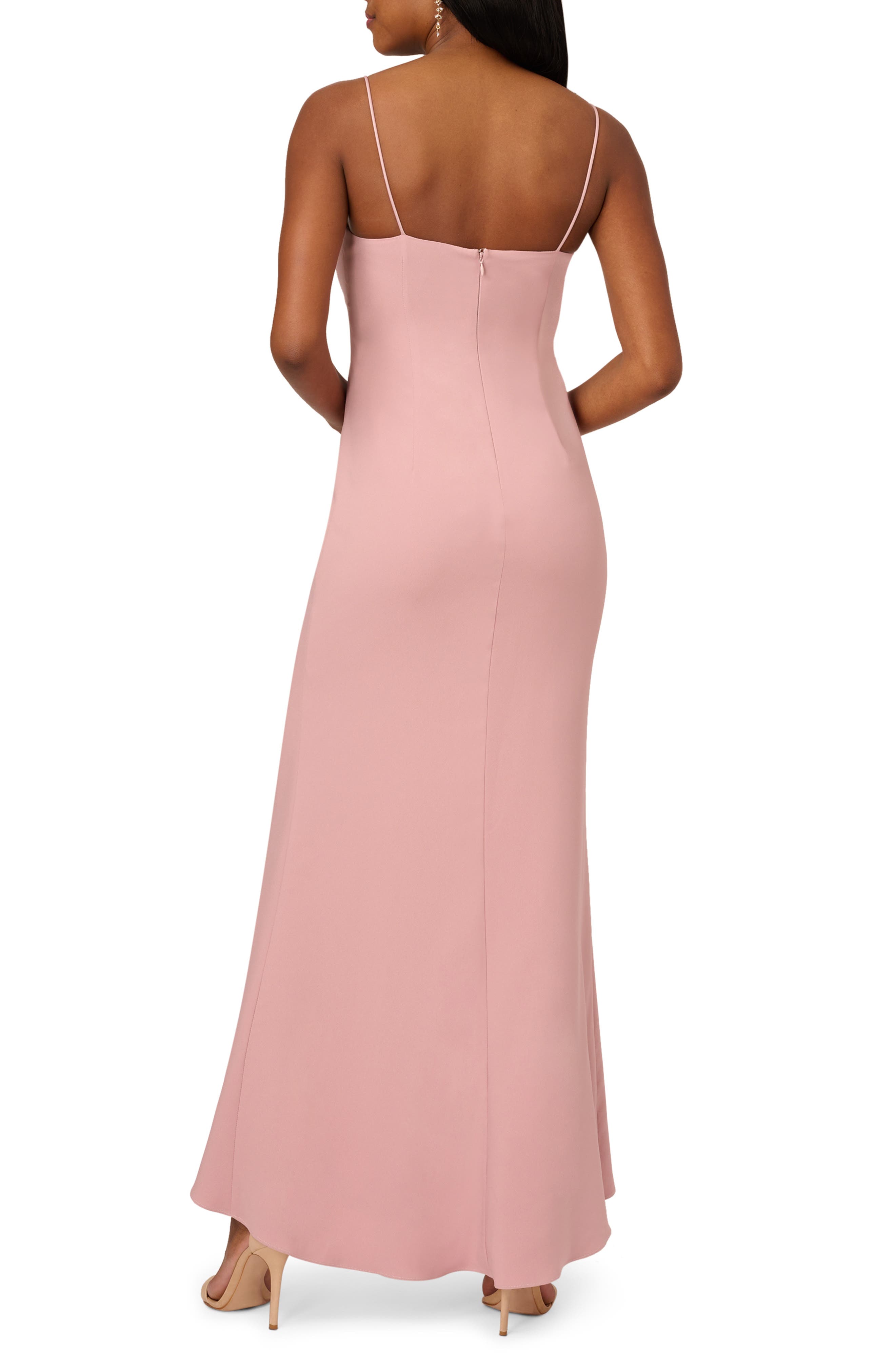 Adrianna Papell Ruffle Front Crepe Back Satin Gown in Steel Rose