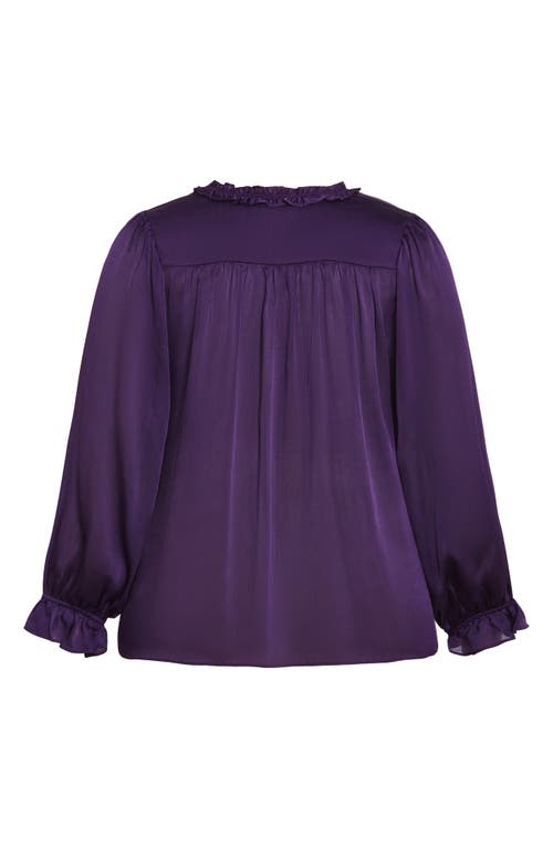 Shop City Chic Maia Ruffle Fluted Sleeve Satin Top In Purple