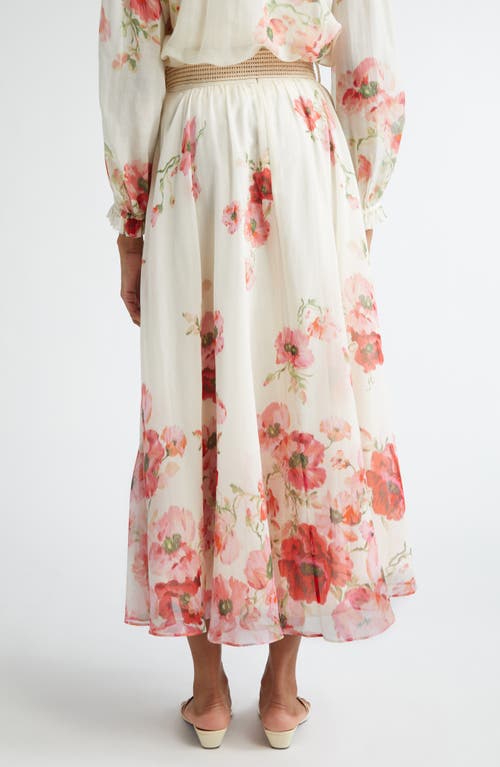 Shop Zimmermann Lightburst Floral Belted Cotton & Silk Maxi Skirt In Cream/red Floral