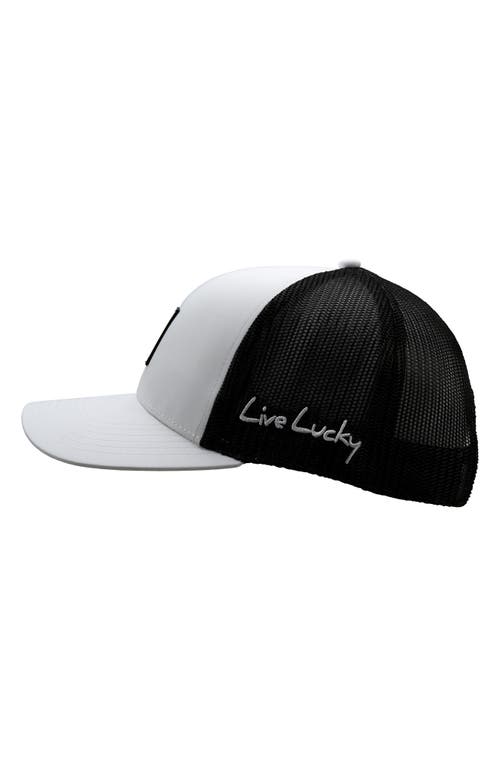 Shop Black Clover Luck Square Patch Snapback Trucker Hat In White/black