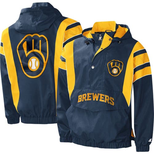 Men's Starter Navy Milwaukee Brewers Impact Hoodie Half-Zip Jacket
