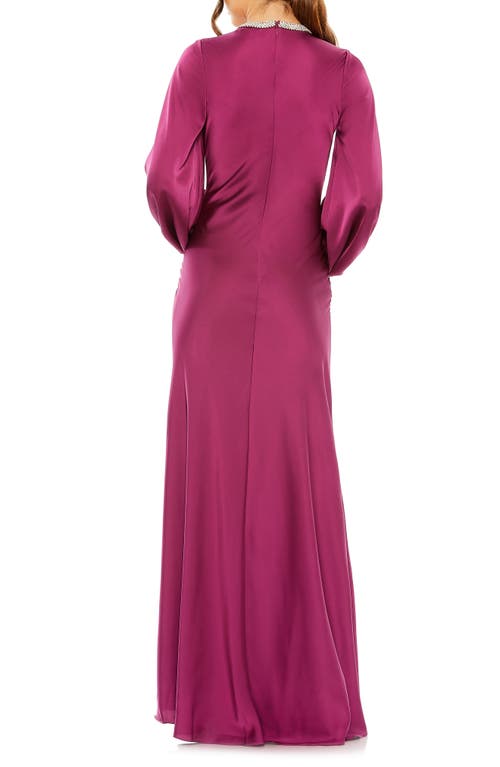 Shop Mac Duggal Long Sleeve Satin Sheath Gown In Berry