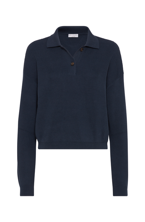 Shop Brunello Cucinelli Cotton English Rib Polo-style Sweater With Monili In Night