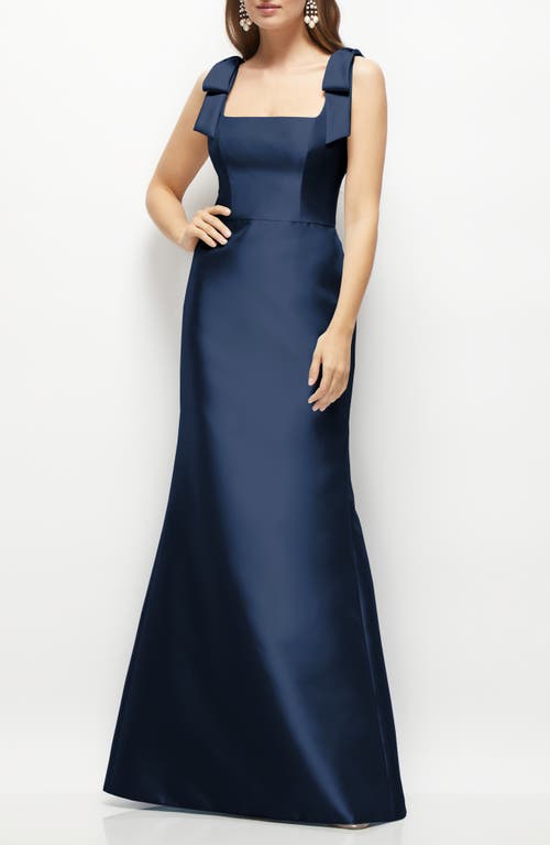 Alfred Sung Satin Fit And Flare Maxi Dress With Shoulder Bows In Midnight