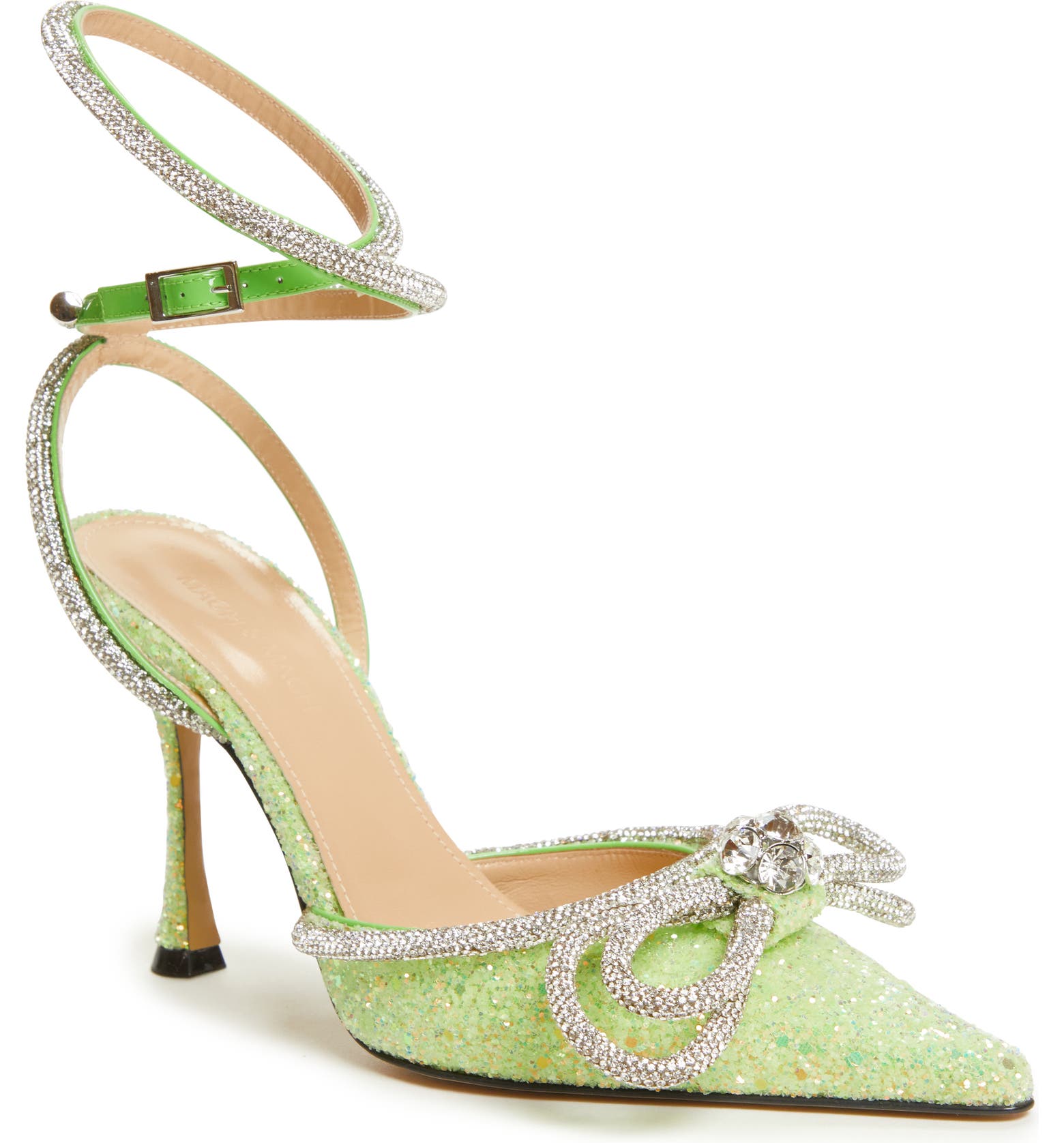 Light green Mach and Mach heels with glitter bow