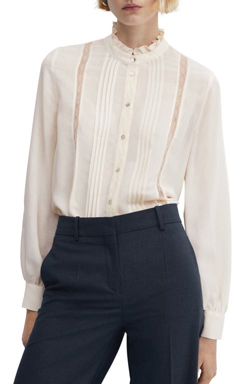 MANGO Lace Inset Button-Up Shirt Off White at Nordstrom,