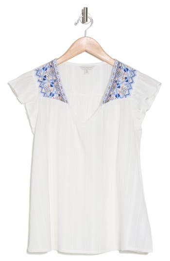 Lucky Brand Embroidered Flutter Sleeve Top In Blue