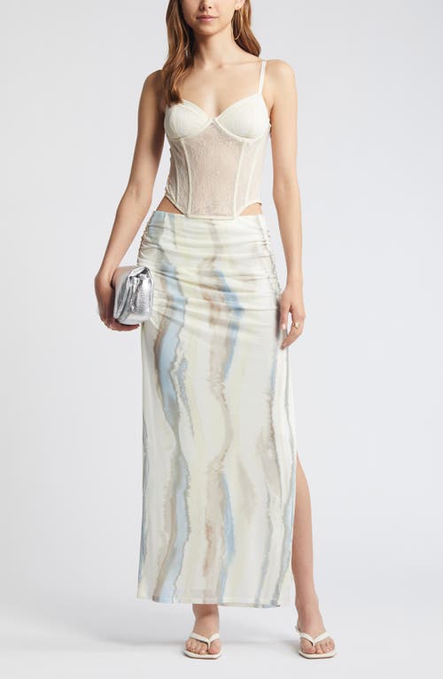 Shop Open Edit Ruched Side Slit Mesh Maxi Skirt In Ivory Seafoam Swirl