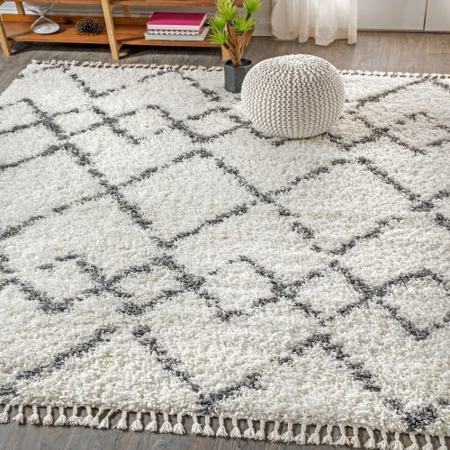 Jonathan Y Mercer Shag Plush Tassel Moroccan Geometric Trellis Area Rug In Ivory/gray