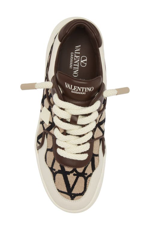 Valentino Garavani One Stud Xl Low-top Trainer In Nappa Leather And Toile Iconographe Fabric In Kfn-naturale-nero/ Ivory