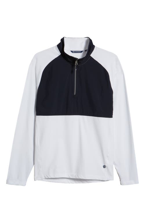 Cutter & Buck Adapt Eco Knit Hybrid Recycled Mens Quarter Zip In White/navy Blue