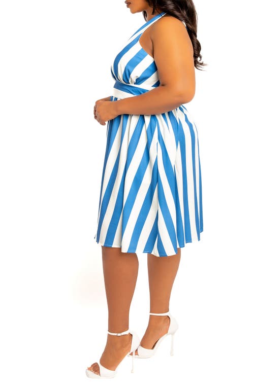 Buxom Couture Stripe Halter Dress In Blue Stripe