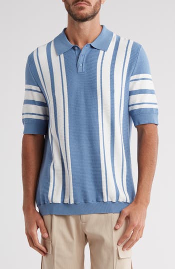 Shop Truth Striped Rib Collar Polo In Blue/ivory