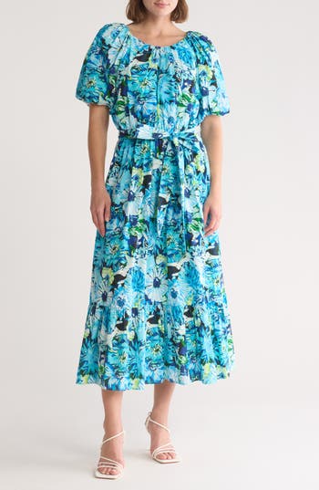Melloday Floral Print Poplin Midi Dress In Blue Multi