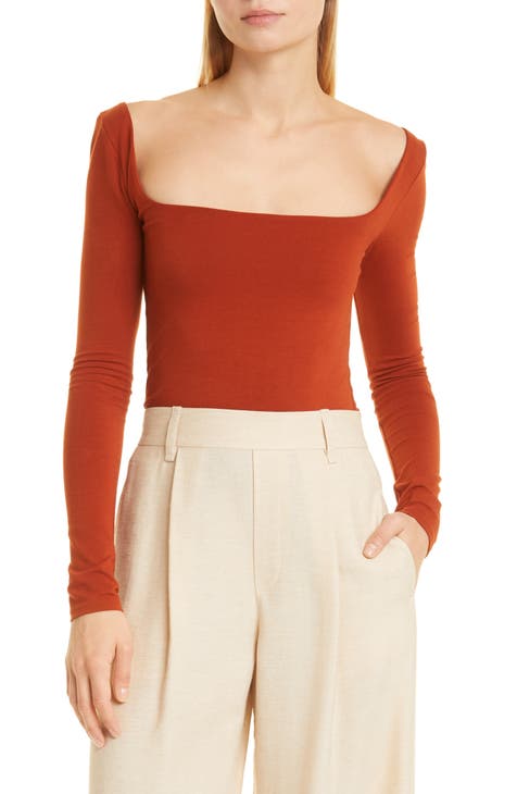 Square Neck Long Sleeve Stretch Cotton Knit Top