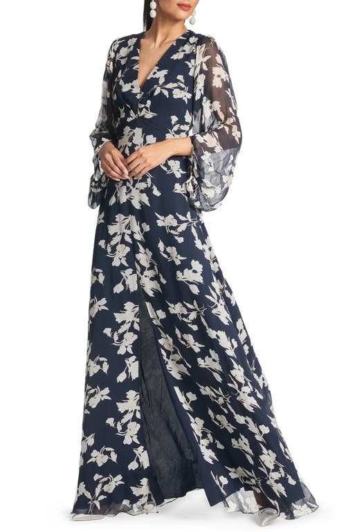 Sachin & Babi Jenny Floral Balloon Sleeve Gown Navy Venetia Petal at Nordstrom,