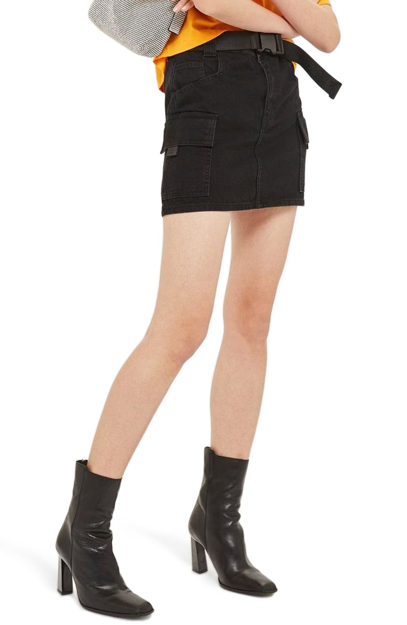 clip belted denim skirt