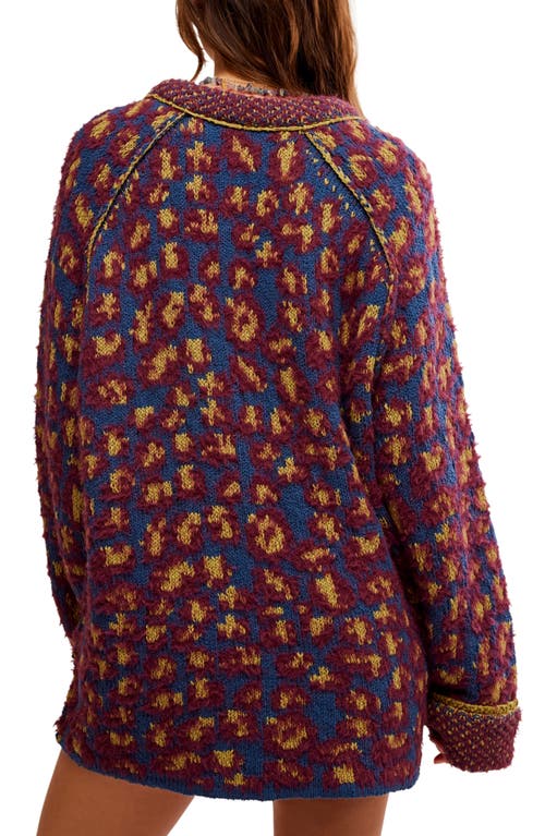 Free People Animal Pattern Tunic Sweater In Blue Fig Combo
