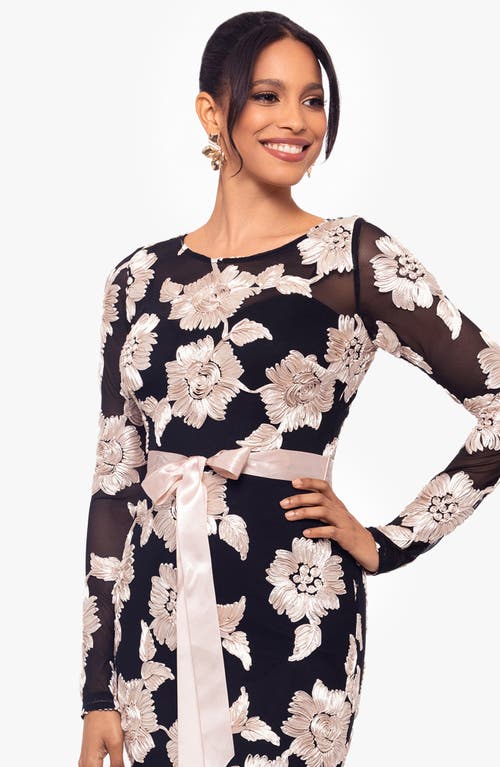 Shop Betsy & Adam Floral Appliqué Long Sleeve Dress In Black/champagne