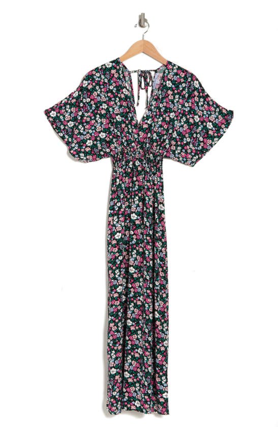 Velvet Torch Ditsy Floral Kimono Sleeve Slit Maxi Dress In Black Ditsy