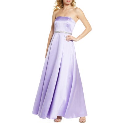 Sequin Hearts Strapless Embellished Satin Gown, Purple
